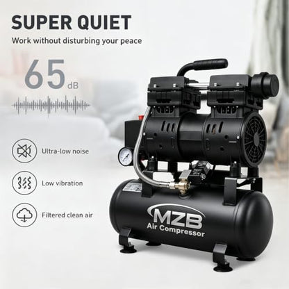 MZB 2.4 Gallon 1.0HP Ultra Quiet Air Compressor 110V/60Hz 5.65CFM, MAX 115PSI Steel Tanks Oil-Free 65 dB Noise Level Air Compressor for Spray Painting, Auto Repair, Carpentry Decoration - size: MZB-750H-9