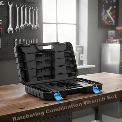 20PCS 72-Tooth Reversible Ratcheting Combination Wrench Set, Metric & SAE, 8mm - 19mm, 5/16" - 3/4", 12 Point, CR-V Steel, With Organizer Box