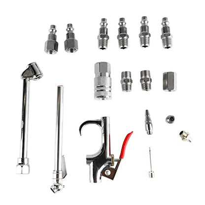 For Professional Maintenance and Cleaning - 17 Piece Air Compressor Accessory Kit with 1/4 Inch NPT Coupler and Plug Set - Includes Dual Foot Chuck, Blow Gun, Tire Gauge, and