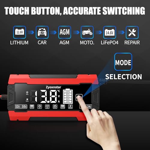 Battery Charger 10 AMP, 12V/24V LiFePO4 Lead Acid Car Battery Pulse Repair Charger, Smart 10-Stage Maintainer & Trickle Charger w/Temp Compensation