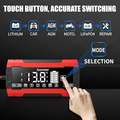 Battery Charger 10 AMP, 12V/24V LiFePO4 Lead Acid Car Battery Pulse Repair Charger, Smart 10-Stage Maintainer & Trickle Charger w/Temp Compensation
