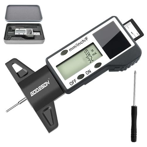 GODESON Digital Tire Tread Depth Gauge -Reads 32NDS, Inch & MM/Solar/Battery Hybrid Power/1" (25.4mm) Range/Accurate Tire Thread Depth Gauge Tool Suitable for Cars, Trucks, Motorcycles - style: IN/MM/FRAC - Black