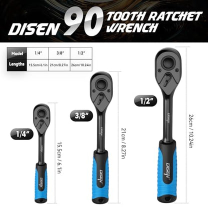 DISEN 3PCS Black Ratchet Set (1/2", 3/8", 1/4" Drive) - 90-Tooth Drive Ratchet Socket Wrench Reversible with Non-slip Rubber Grip, Quick Release & EVA Tray - Professional Ratchet Wrench Handle Kit - size: 3 pieces Standard Ratchet Set - Soft Handle