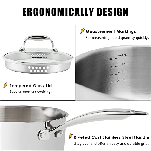 Rorence 3-Quart Saucepan with Lid: Pour and Strain Stainless Steel Sauce Pan with Pour Spouts, Capsule Bottom & Tempered Glass Lid - size: 3 Quart