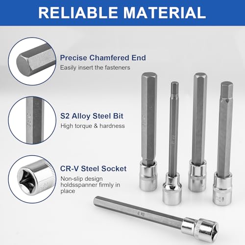 20PCS Extra-Long Allen Hex Bit Socket Set, 3/8 Inch Drive Allen Socket Set, SAE & Metric(1/8"-7/16", 3-12mm), CR-V and S2 Alloy Steel