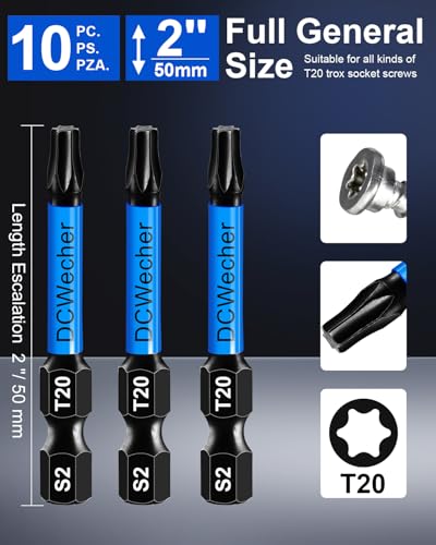 10-Pack T20 Torx Bit 2 Inch, Professional-Grade T 20 Torx Screwdriver Bits for Impact Driver, Magnetic Star Design, S2 Alloy Steel with 1/4'' Hex Shank & CNC - Machined Tips - size: T20 Torx Bit 10-PCS 2 Inch