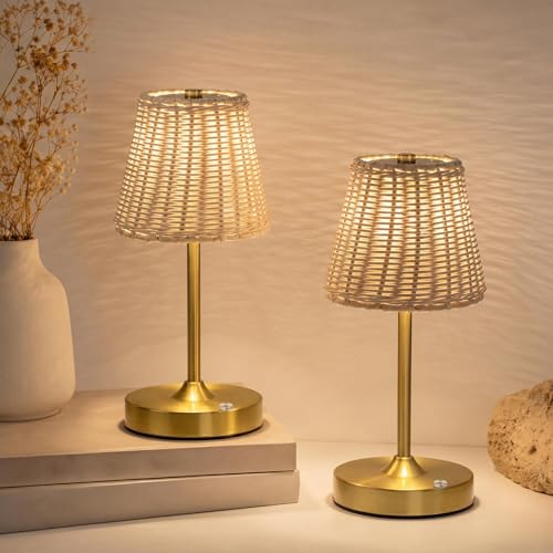 Liliful 2 Pcs Cordless Table Lamp Rechargeable Touch LED Small Gold Portable Battery Operated USB-c Desk Lamp 3 Color Dimmable for Bedroom Living Room Dining (Gold,Rattan Weaving Style) - color: Rattan Weaving Style, size: Gold