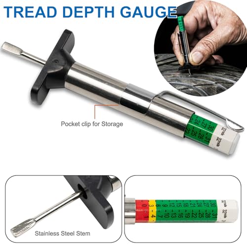 Tire Gauge for Semi Truck Straight-on Pencil Gauge with Tread Depth Gauge | Heavy Duty Dual Head Tire Pressure Gauge,10-150PSI 10-120PSI Pencil Tire Checker Extended Tube for Semi Truck Car