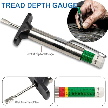 Tire Gauge for Semi Truck Straight-on Pencil Gauge with Tread Depth Gauge | Heavy Duty Dual Head Tire Pressure Gauge,10-150PSI 10-120PSI Pencil Tire Checker Extended Tube for Semi Truck Car