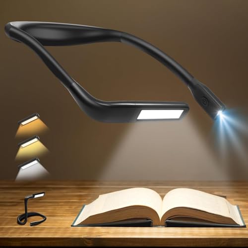 Neck Reading Light Book Lovers Gifts, Rechargeable 80Hrs Eye-friendly 3 Colors & Stepless Dimming Book Light for Reading, Christmas Stocking Stuffers for Men Women Camping Knitting Crochet Accessories - color: Black