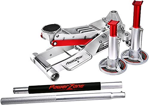 Power Zone 680065 Dual Pump Quick Lift 3 Ton Aluminum Hydraulic Racing Jack with 3 Ton Aluminum Jack Stands Combo Set,Silver,680065-A