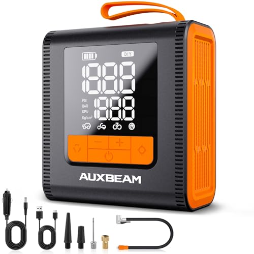 AUXBEAM H4 Series Tire Inflator Portable Air Compressor,150PSI 2 in 1 Rechargeable Car Tire Inflator Portable 4 Preset Inflation Modes 12V Air Pump for Car, Motorcycle, Bike, Ball (Amber) - color: Amber