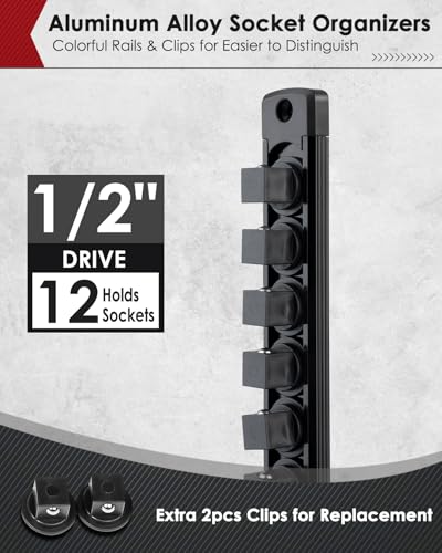 Pinoze 1/2" Magnetic Socket Holder Organizer - Aluminum Alloy Socket Rail Tray for Tool Box Drawer, Socket Rack with Extra 2Pcs Replacement Clips for Automotive Garage(Black) - size: 1/2" DR