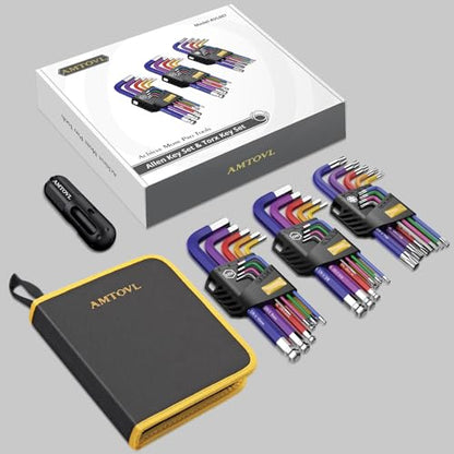 AMTOVL Hex Keys Set - Allen Key Set & Torx Key Set, Metric/Imperial | 27PCS Allen Wrench Set Long Arm Ball Head Design with T-Handle Color Coding 1.5-10mm, T10-T50, 1/16-3/8 - style: 007 - 27PCS Allen wrenches sets