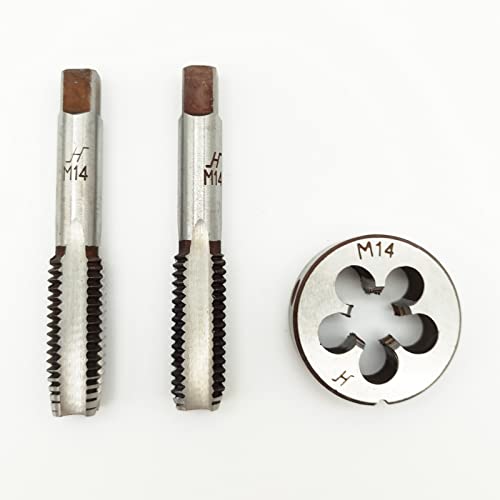 AtticZone M14 x 2.0 Metric Hand Thread Tap and Die Set, Right Hand 14 * 2.0, Alloy Tool Steel, 1 Taper Tap, 1 Plug Tap, 1 Round Die for Metal Working DIY Industrial - size: M14x2.0