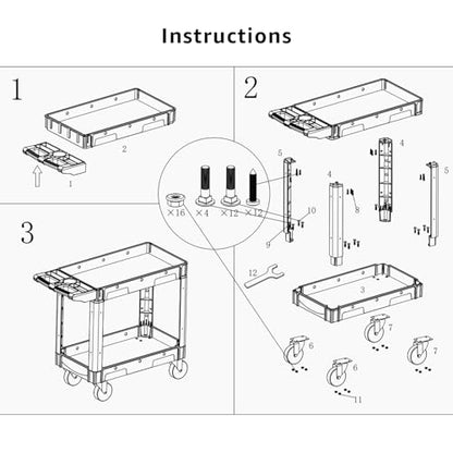 Our Modern Space Commercial Grade 2 Shelf Utility Cart with Wheels - Rolling Tool Trolley, Heavy Duty Service Push Cart for Business Warehouse Office Restaurants Ecommerce Garage