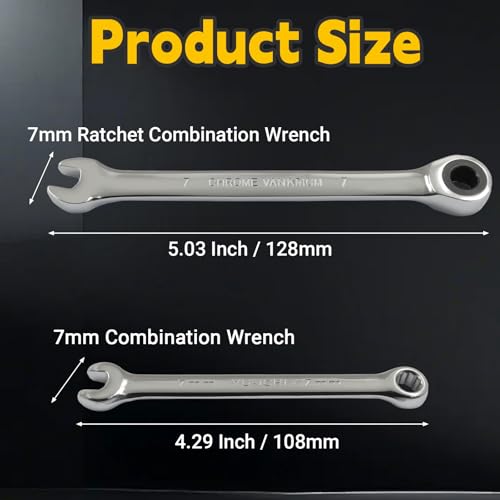 7mm Ratcheting Wrench 2 Pcs 72-Tooth 12-Point Chrome Plated | Forged 45# Carbon Steel Durable, 5-Degree Arc For Tight Spaces, 12-Point Protects Fasteners, Polished Chrome Anti-Rust - size: 7mm