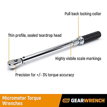 GEARWRENCH 3/8" Drive Micrometer Torque Wrench 10-100 ft/lbs. - 85062M , Black - style: 10-100 ft/lbs.