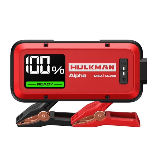 Hulkman Alpha Ultra Red, 1250A 44.4Wh Jump Starter, Power Without the Bulk, Car Battery Jump Starter & Jump Box with 2.9" Smart Display, 50-Min Full Charge, Jumper Cables for 7.0L Gas/4.0L Diesel - style: 1250A&44.4Wh