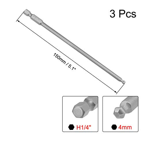 uxcell 3 Pcs H4 (4mm) Ball End Screwdriver Bits, S2 Steel Magnetic 5.1 Inch Long Drill Bit with 1/4 Inch Hex Shank - size: One Size