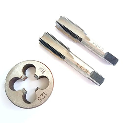 AtticZone M14 x 1.25 Metric Hand Thread Tap and Die Set, Right Hand 14 * 1.25, Alloy Tool Steel, 1 Taper Tap, 1 Plug Tap, 1 Round Die for Metal Working DIY Industrial - size: M14x1.25