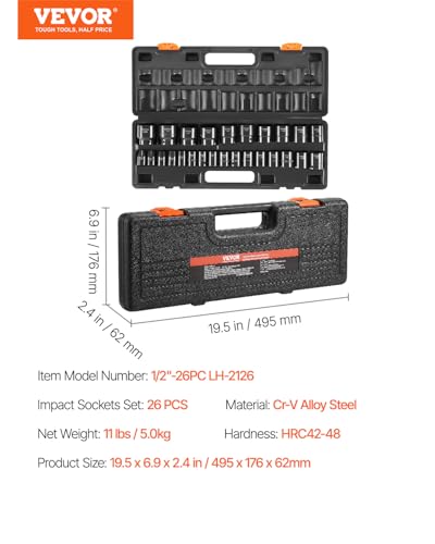 VEVOR 1/2" Drive Impact Socket Set 26-Piece, Metric (10-36mm) Sizes Standard Socket Set CR-V Material for High Durability Impact Wrench - style: 1/2" 26PCS