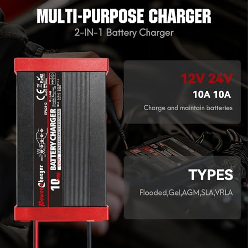 12V/24V 10A Smart Battery Charger, Automatic Battery Charger with Overcharge Protection,Battery Maintainer,LED Indicator&SAE Connector for SLA AGM Gel Wet Lead Acid deep Cycle Batteries