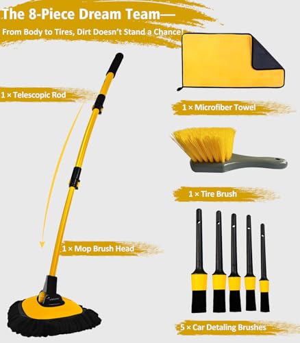 YeewayVeh Car Wash Kit, Extendable Car Wash Brush Mop with Long Handle, 5pcs Detailing Brush, 1pc Wheel Brush and Microfiber Towel Car Cleaning Kit Supplies Accessories, Ginger - color: Ginger, size: 8 pieces