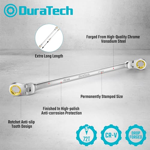 DURATECH Extra Long Anti-Slip Flex-Head Ratcheting Wrench Set, Metric | Double Box End Wrench Set, CR-V Steel, 8x9mm, 10x11mm, 12x13mm, 14x15mm, 16x18mm, 17x19mm, with Pouch - size: 8-19mm set