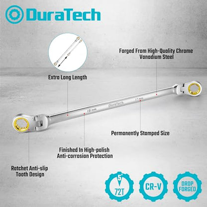DURATECH Extra Long Anti-Slip Flex-Head Ratcheting Wrench Set, Metric | Double Box End Wrench Set, CR-V Steel, 8x9mm, 10x11mm, 12x13mm, 14x15mm, 16x18mm, 17x19mm, with Pouch - size: 8-19mm set