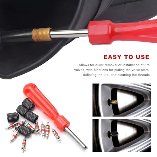 35PCS Valve Stem Puller Installer Tool Kit, 4-Way Car Tire Core with 40 Valve Cores & 20 Plastic Caps, Single Dual Head Puller Valves Repair Tools for Car Bike Truck