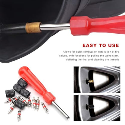 35PCS Valve Stem Puller Installer Tool Kit, 4-Way Car Tire Core with 40 Valve Cores & 20 Plastic Caps, Single Dual Head Puller Valves Repair Tools for Car Bike Truck