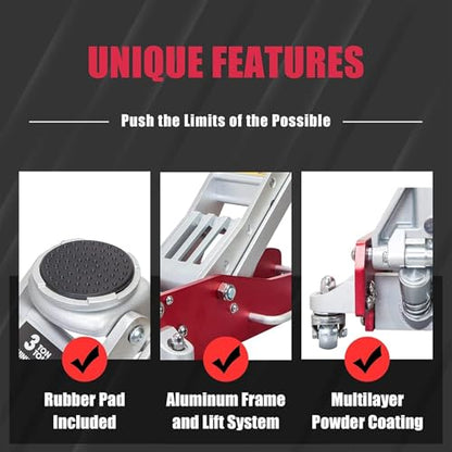 Mustmover 3 Ton (6,600 lbs) Low Profile Aluminum Hydraulic Racing Floor Jack with Dual Piston Quick Lift Pump, Lifting Range 3.74" to 18.9", for Cars, Trucks and SUVs, Red - color: red