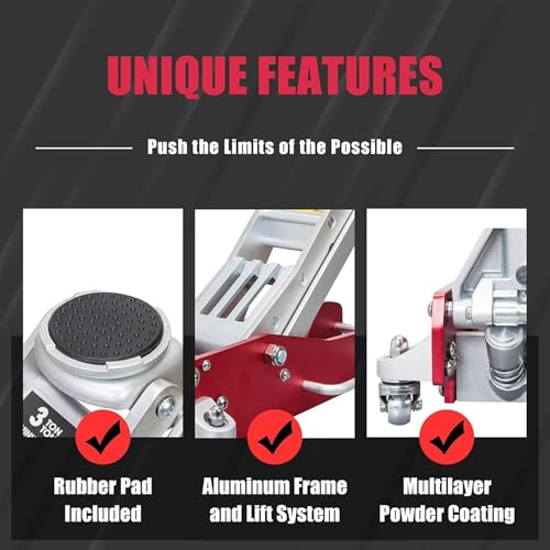 Mustmover 3 Ton (6,600 lbs) Low Profile Aluminum Hydraulic Racing Floor Jack with Dual Piston Quick Lift Pump, Lifting Range 3.74" to 18.9", for Cars, Trucks and SUVs, Red - color: red