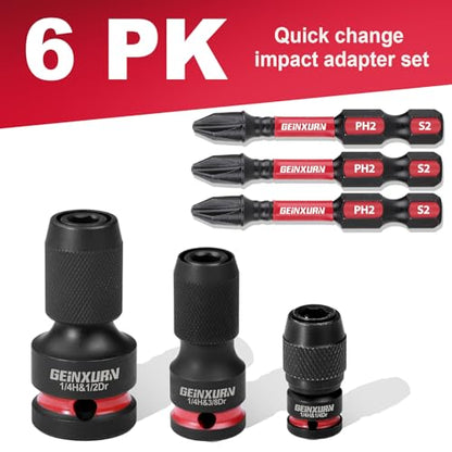 Geinxurn 3PCS Impact Screwdriver Bit Holders Include 1/2-inch, 3/8-inch and 1/4-inch Square Drive to 1/4-Inch Quick Release Hex Socket Adapter with 3PCS -2”Impact PH2 Screwdriver Bit - size: Mixes-2