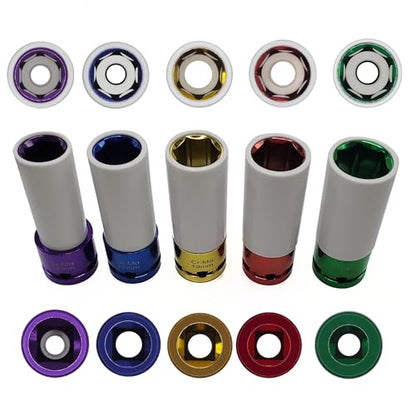 5PCS 1/2" Drive Impact Lug Nut Socket Set, Lug Nut Impact Socket | 15 17 19 21 22mm, 6 Point, Non-Marring, Thin Wall, Deep Socket, Wheel Protector, Protective Socket, Color-Coded, Cr-Mo Steel - size: 5PCS 15 17 19 21 22mm