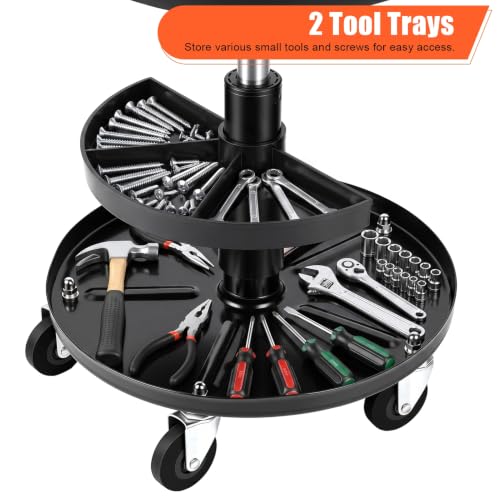 300lbs Mechanic Stool, Adjustable with Dual Tool Tray & Backrest, 5 Casters with Brakes Ensure Stability, Rolling Stools with Wheels Swivel Seat, Garage Stool for Auto Repair, Workshop Black