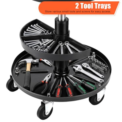 300lbs Mechanic Stool, Adjustable with Dual Tool Tray & Backrest, 5 Casters with Brakes Ensure Stability, Rolling Stools with Wheels Swivel Seat, Garage Stool for Auto Repair, Workshop Black