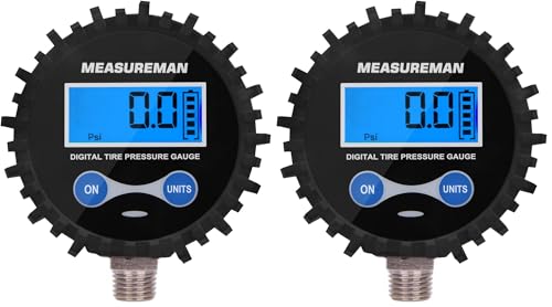 MEASUREMAN 2-1/2" Dial Size Digital Air Pressure Gauge with 1/4'' NPT Bottom Connector and Protective Boot, 0-200psi, Accuracy 1%, Battery Powered with LED Light (Pack of 2) - size: Short thread (Pack of 2), style: 0-200psi