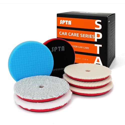 7Pcs 5inch Polishing Pads Set, 1 Blue Moderate Cut Pad, 1 Red Ultra Final Finish Pad, 3 White Heavy Cut Wool Pad, Gray Microfiber Fast Cutting Pad, 1 White Microfiber Finishing Pad for Car Polisher