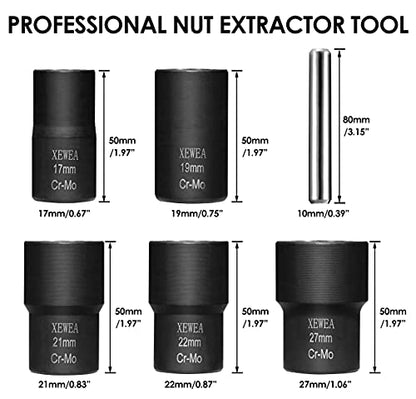 XEWEA Twist Socket Set with Center Punch Bar, 6PCS 1/2" Drive Metric Lug Nut Remover Tools for Broken, Stripped, Rounded Bolts & Nuts Screws -17mm 19mm 21mm 22mm 27mm - color: 6pcs 1/2" Drive