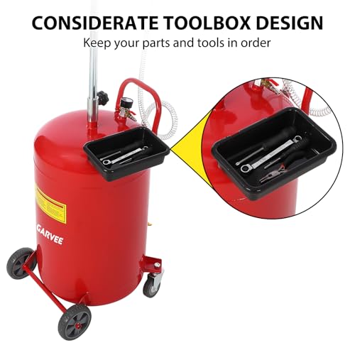 Garvee 20 gal Waste Oil Drain Tank, Portable Oil Drain Container, Air Operated Drainer, Fluid Fuel Transfer Drainage, Adjustable Funnel Height with Wheel &15 in Premium Bowl and a Toolbox, Red - size: 20 Gallon