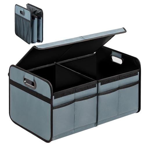 YSSOA Car Trunk Organizer with Lid, Collapsible 2 Compartment Automotive Storage Box, 600D Waterproof Oxford Polyester 50L Travel Accessories, Anti-slip & Leak-proof, Grey-Green - color: Grey-Green, size: 1 Pack, style: 2 Compart with Lid