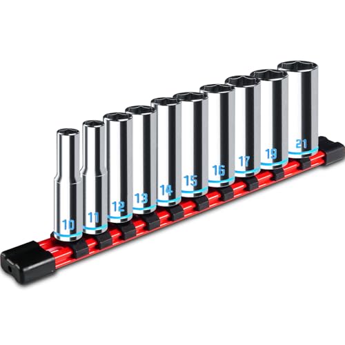 3/8-Inch Drive Deep Socket Set, 10PCS Metric (10-21mm), 6-Point Design,Blue Embossed and Painted Marking, Mirror Chrome Finish,Cr-V Steel With Rail - size: SAE (3/8"-7/8")