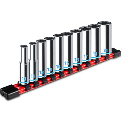 3/8-Inch Drive Deep Socket Set, 10PCS Metric (10-21mm), 6-Point Design,Blue Embossed and Painted Marking, Mirror Chrome Finish,Cr-V Steel With Rail - size: SAE (3/8"-7/8")