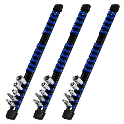 Socket Organizer, 1/4-Inch Drive Heavy Duty Socket Holder Kit ABS, Socket Rail 1/4-Inch x 16 Clips Blue, 3 Pieces - color: Blue, size: 3PC 1/4x3
