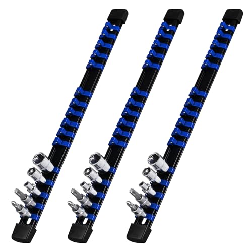 Socket Organizer, 1/4-Inch Drive Heavy Duty Socket Holder Kit ABS, Socket Rail 1/4-Inch x 16 Clips Blue, 3 Pieces - color: Blue, size: 3PC 1/4x3