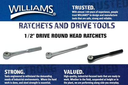 Williams JHWBS-52A 1/2-Inch Drive Round Head Ratchet with Black Industrial Finish, Knurled Grip Handle, Double Pawl Design, 72 Tooth Gear Engagement - 11-5/16 Inches