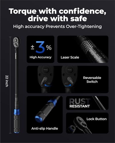 toolant 13PCS 1/2 Inch Click Torque Wrench Set, Gift for Men, 25-250 FT.-LB/33.9-339.0 Nm, With Breaker Bar & 5-Inch-Extension & 10 Sockets, Tire Repair Tool Set