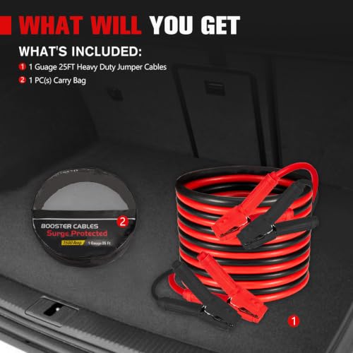 FIERYRED 1 Gauge 25 FT Quick Connect Jumper Cables, 1000A Heavy Duty Booster Cables with Travel Bag，Battery Jumper Cable for Truck, Diesel Trucks, SUV and Car - size: 1 Gauge 25 FT